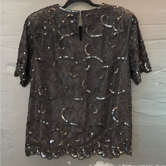 VTG Women's NIGHT VOGUE Shimmering Blk Sequin Beaded Short Sleeve Lined Top Sz M - Picture 2 of 11